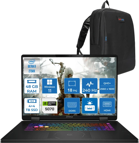 Msı Crosshaır 18 Hx Aı A2XWGKG-032XTR Intel Core Ultra 9-275HX Aı 48GB 4tb Ssd+4tbssd 8GB/RTX5070  18"2.5k (2560 x 1600, Wqxga) 240Hz  Windows 11 Home Taşınabilir Bilgisayar W032XTRH24+ZETTAÇANTA ürün görseli 1