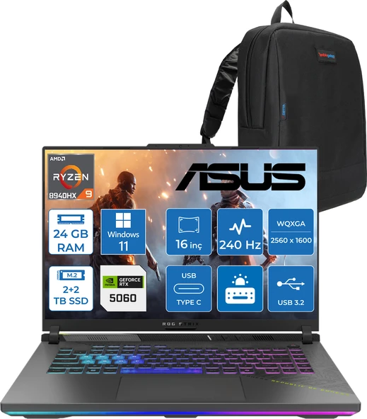 Asus Rog Strix G16 G614PM-S5062 Amd Ryzen 9 8940HX Aı 24GB GB 2tb Ssd+2tb SSD 8GB/RTX5060 Gddr7 115W 16"/ 2.5k (2560 x 1600, Wqxga) 3ms 240Hz, 500 Nits WINDOWS11PRO Gaming Laptop WS5062W06+ZETTAÇANTA ürün görseli 1