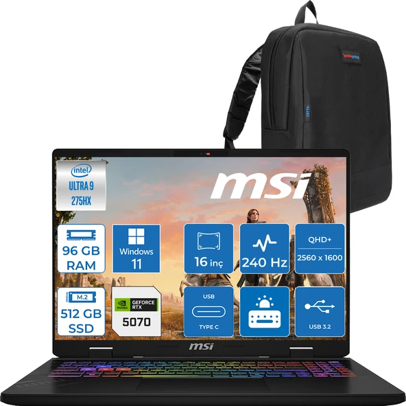 Msı Crosshaır 16 Hx Aı WD2XWGKG Intel Core Ultra 9-275HX  Aı 96GB GB 512GB SSD 8GB/RTX5070 115W 16″ 16:10 QHD+(2560 x 1600), 240Hz IPS Windows 11 Home Taşınabilir Bilgisayar W047XTRH33+ZETTAÇANTA ürün görseli 1