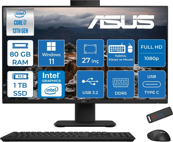 Asus V470VAK Intel Core I7-13620H 80GB Ddr5 1tb SSD 27'' Fhd 100Hz 300NITS WIN11HOME Siyah Allınone Bilgisayar ASI716512B0DH33+ZETTAUSBBELLEK ürün görseli 1