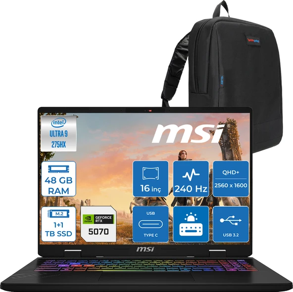 Msı Crosshaır 16 Hx Aı WD2XWGKG Intel Core Ultra 9-275HX  Aı 48GB GB 1tb Ssd+1tb SSD 8GB/RTX5070 115W 16″ 16:10 QHD+(2560 x 1600), 240Hz IPS Freedos Taşınabilir Bilgisayar W047XTRF20+ZETTAÇANTA ürün görseli 1