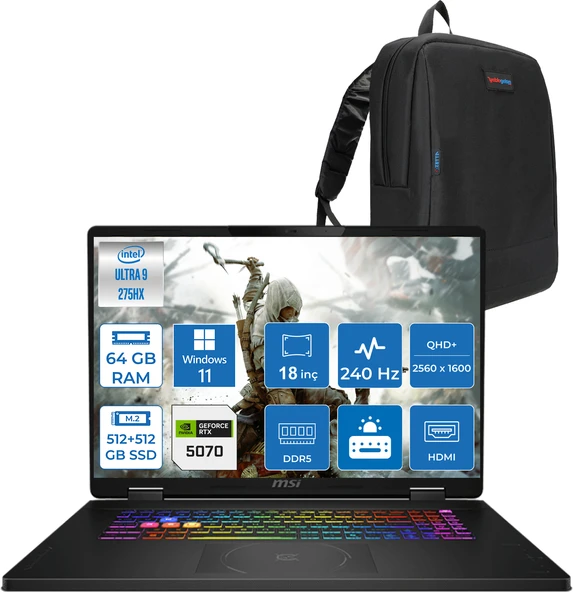 Msı Crosshaır 18 Hx Aı A2XWGKG-032XTR Intel Core Ultra 9-275HX Aı 64GB 512GB SSD+512GB SSD 8GB/RTX5070 Gddr7 115W 18"2.5k (2560 x 1600, Wqxga) 240Hz  WINDOWS11HOME Gaming Laptop W032XTRH26+ZETTAÇANTA ürün görseli 1