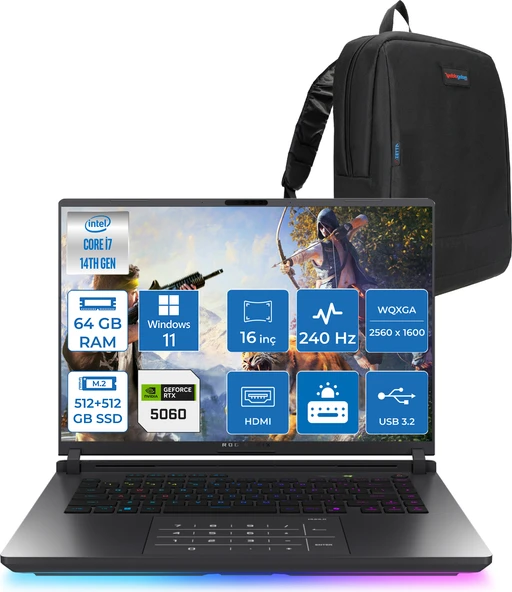 Asus Rog Strix G16 G615JMR-S5049 Intel® Core™ I7 14650HX 64GB 512GB SSD+512GB SSD 8GB/RTX5060 Gddr7 115W 16 Inç 2,5k (2560 x 1600, Wqxga) 240Hz 3ms  WINDOWS11HOME Gaming Laptop WS5049H26+ZETTAÇANTA ürün görseli 1