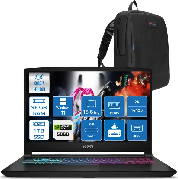 Msı Katana 15 Hx B14WFK-449XTR 14. Nesil Intel İ7-14650HX 96GB Ddr5 1tb SSD 8GB/RTX5060 115W 15.6" Qhd 2560X1440 165Hz IPS Windows 11 Pro Taşınabilir Bilgisayar. W449XTRP28+ZETTAÇANTA ürün görseli 1