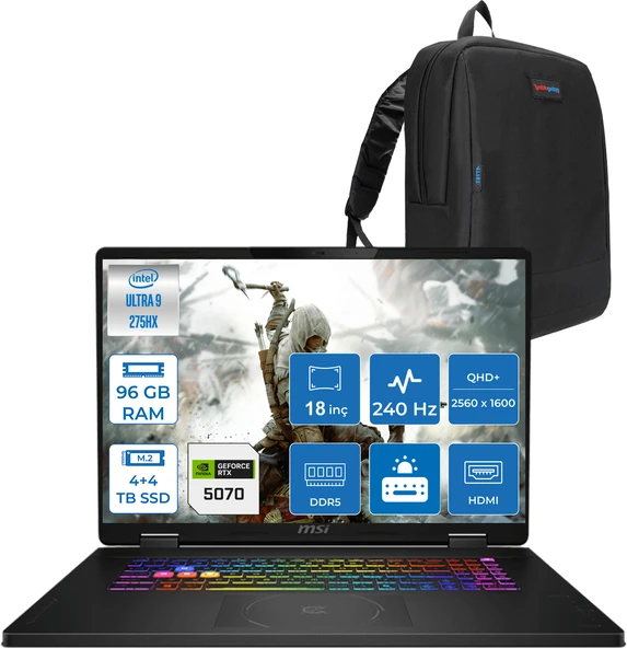 Msı Crosshaır 18 Hx Aı A2XWGKG-032XTR Intel Core Ultra 9-275HX Aı 96GB 4tb SSD +4tb SSD 8GB/RTX5070 Gddr7 115W 18"2.5k (2560 x 1600, Wqxga) 240Hz  Freedos Taşınabilir Bilgisayar W032XTRF48+ZETTAÇANTA ürün görseli 1