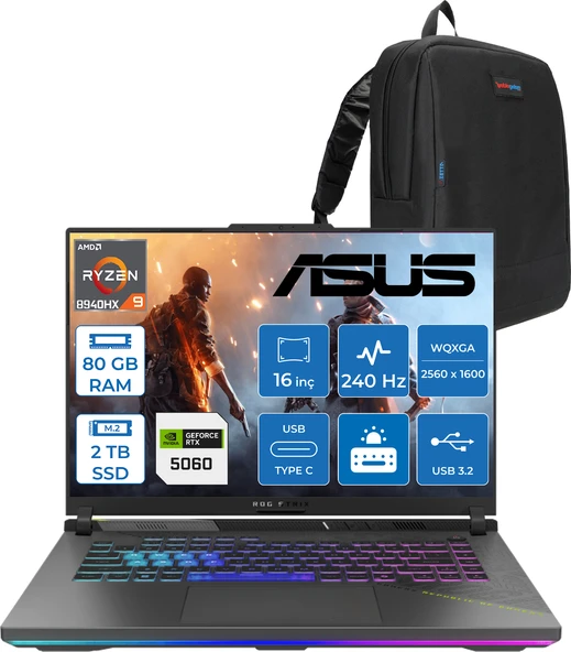 Asus Rog Strix G16 G614PM-S5062 Amd Ryzen 9 8940HX Aı 80GB GB 2tb 8GB/RTX5060 Gddr7 115W 16"/ 2.5k (2560 x 1600, Wqxga) 3ms 240Hz, 500 Nits Freedos Gaming Taşınabilir Bilgisayar WS5062F37+ZETTAÇANTA ürün görseli 1