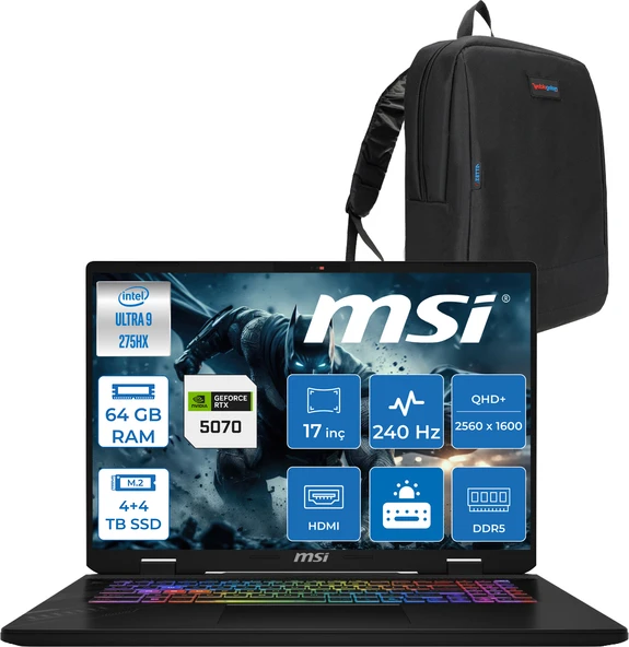 Msı Crosshaır 17 Hx Aı D2XWGKG-017TR Intel Core Ultra 9-275HX Aı 64GB 4tb Ssd+4tb SSD 8GB/RTX5070 Gddr7 115W 18"2.5k (2560 x 1600, Wqxga) 240Hz  Freedos Taşınabilir Bilgisayar W017TRF32+ZETTAÇANTA ürün görseli 1