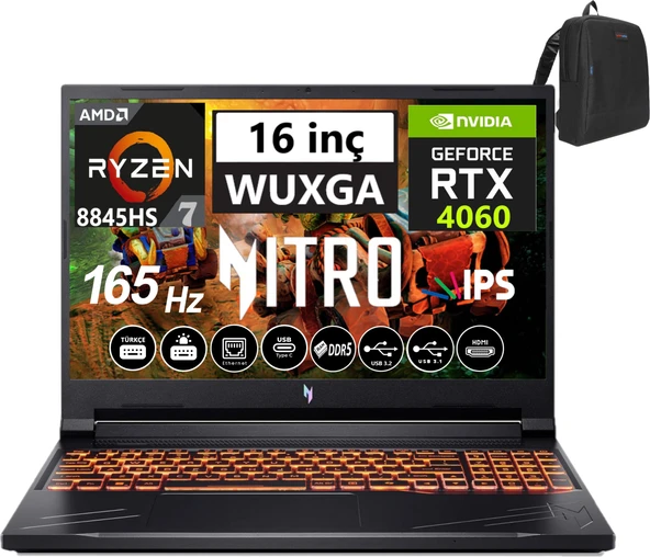 Acer Nitro V16 ANV16-41 Amd R7 8845HS Aı 96GB Ddr5 2tb SSD 8GB/RTX4060 WINDOWS11PRO 16" 165Hz Wxuga IPS Taşınabilir Bilgisayar WNHQRUEY00359+WEBLEGELSINÇANTA ürün görseli 1