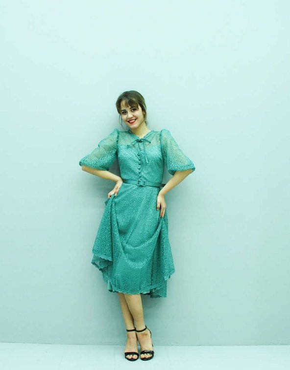 1076 Mint Midi Boy Dantelli Abiye - Resim 2