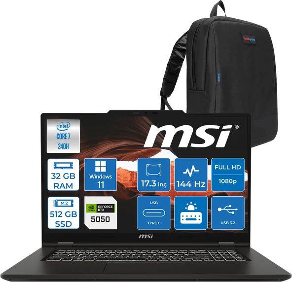 Msı Venturepro 17 Venturepro A2RWEG-027XTR Aı 2.nesil Core 7 240H 32GB Ddr5 512GB SSD 8GB/RTX5050 Gddr7 45W 17.3" Fhd 144HZ IPS WIN11PRO Gaming BILG.Z027XTRP07+ZETTAÇANTA ürün görseli 1