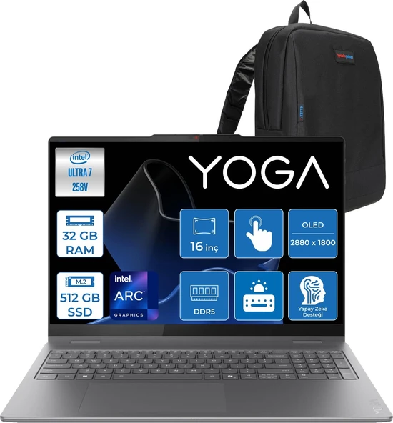 Lenovo Yoga 7 2-In-1 16ILL10 Intel Core Ultra 7 258V 32GB 512GB SSD Freedos Intel Arc 140V OLED 500NITS 16" Wqxga+ (2880X1800) 120HZ Dokunmatik Y83JT0018TRF01 + Lenovo Yoga Kalem + Zetta Çanta ürün görseli 1