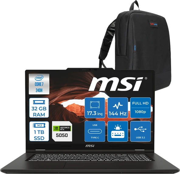 Msı Venturepro 17 Venturepro A2RWEG-027XTR Aı 2.nesil Core 7 240H 32GB Ddr5 1tb SSD 8GB/RTX5050 Gddr7 45W 17.3" Fhd 144HZ IPS Freedos Gaming BILG.Z027XTRF08+ZETTAÇANTA ürün görseli 1