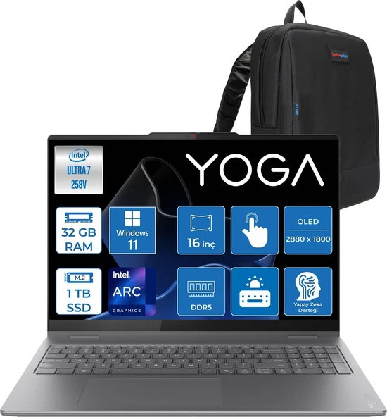 Lenovo Yoga 7 2-In-1 16ILL10 Intel Core Ultra 7 258V 32GB 1tb SSD Windows 11 Home Intel Arc 140V OLED 500NITS 16" Wqxga+ (2880X1800) 120HZ Dokunmatik Y83JT0018TRH02 + Lenovo Yoga Kalem + Zetta Çanta ürün görseli 1
