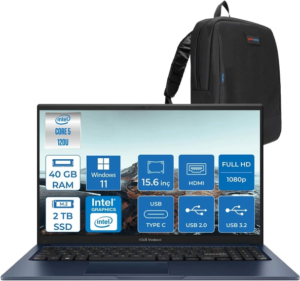 Asus Vivobook X1504VA 15 1.nesil Core 5 120U-40GB-2TB SSD Fhd 15.6INC-Windows 11 Pro Taşınabilir Bilgisayar ZNJ2861P14+ZETTAÇANTA ürün görseli 1
