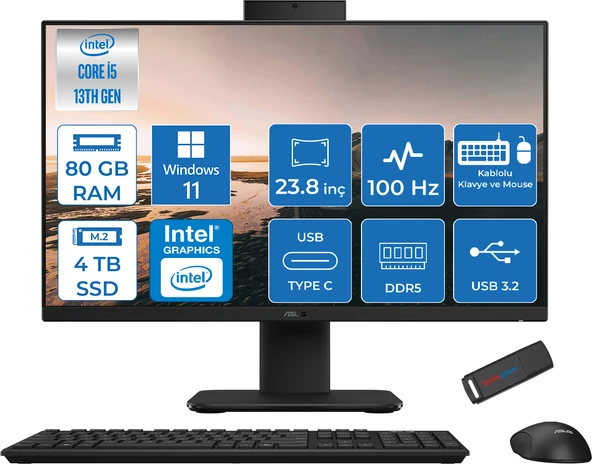 Asus V440VAK Intel Core İ5-13420H 80GB Ddr5 4tb SSD 23.8" Fhd 100HZ 250NITS WIN11HOMESIYAH Allınone Bilgisayar BSI58512B0DH35+ZETTAUSBBELLEK ürün görseli 1
