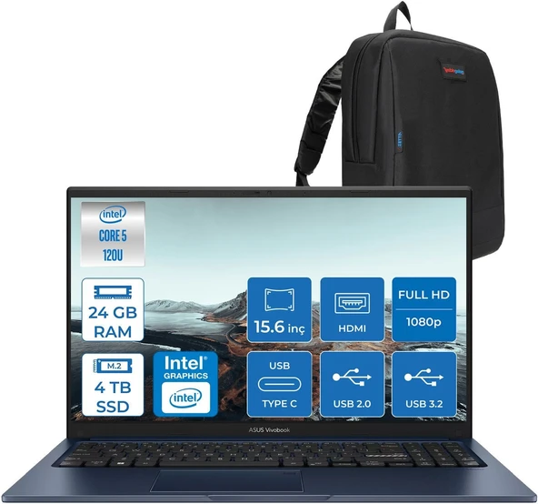 Asus Vivobook X1504VA 15 1.nesil Core 5 120U-24GB-4TB SSD Fhd 15.6inc-Freedos Taşınabilir Bilgisayar ZNJ2861F10+ZETTAÇANTA ürün görseli 1