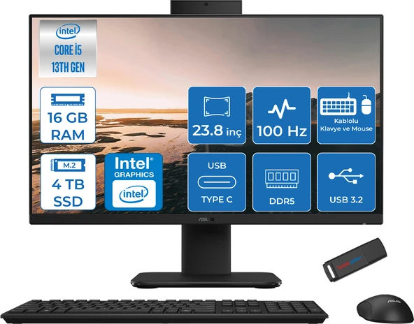 Asus V440VAK Intel Core İ5-13420H 16GB Ddr5 4tb SSD 23.8" Fhd 100HZ 250NITS Freedos Siyah Allınone Bilgisayar BSI58512B0DF05+ZETTAUSBBELLEK ürün görseli 1