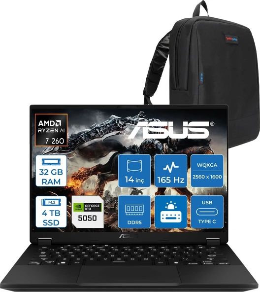 Asus Tuf Gaming A14 FA401UH Amd Aı Ryzen 7 260 32GB Ddr5  4tb SSD 8GB/RTX5050 115W 14-Inch, 165Hz 2.5k (2560 x 1600, 400NITS Wqxga Freedos Gaming Laptop ZRG025F05+ZETTAÇANTA ürün görseli 1
