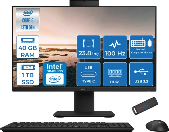Asus V440VAK Intel Core İ5-13420H 40GB Ddr5 1tb SSD 23.8" Fhd 100HZ 250NITS Freedos Siyah Allınone Bilgisayar BSI58512B0DF18+ZETTAUSBBELLEK ürün görseli 1