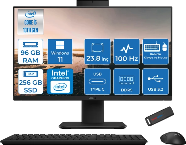 Asus V440VAK Intel Core İ5-13420H 96GB Ddr5 256GB SSD 23.8" Fhd 100HZ 250NITS WIN11HOMESIYAH Allınone Bilgisayar BSI58512B0DH36+ZETTAUSBBELLEK ürün görseli 1