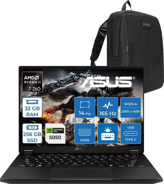 Asus Tuf Gaming A14 FA401UH Amd Aı Ryzen 7 260 32GB Ddr5  256GB SSD 8GB/RTX5050 115W 14-Inch, 165Hz 2.5k (2560 x 1600, 400NITS Wqxga Freedos Gaming Laptop ZRG025F01+ZETTAÇANTA ürün görseli 1