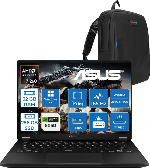 Asus Tuf Gaming A14 FA401UH Amd Aı Ryzen 7 260 32GB Ddr5  256GB SSD 8GB/RTX5050 115W 14-Inch, 165Hz 2.5k (2560 x 1600, 400NITS Wqxga WIN11HOME Gaming Laptop ZRG02H01+ZETTAÇANTA ürün görseli 1