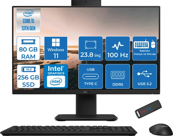 Asus V440VAK Intel Core İ5-13420H 80GB Ddr5 256GB SSD 23.8" Fhd 100HZ 250NITS WIN11PROSIYAH Allınone Bilgisayar BSI58512B0DP31+ZETTAUSBBELLEK ürün görseli 1