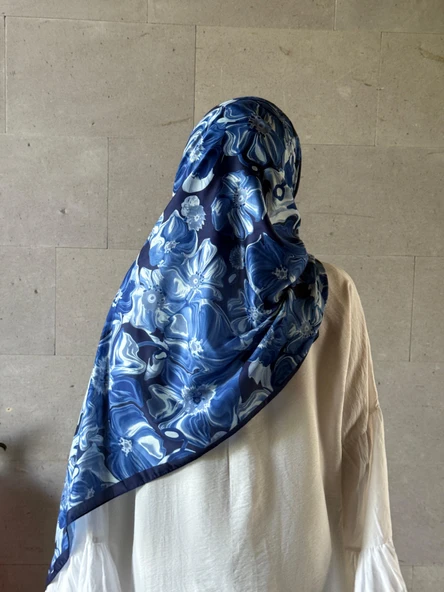 Pamuklu Mimoza Desen Şal- Lacivert - Resim 4