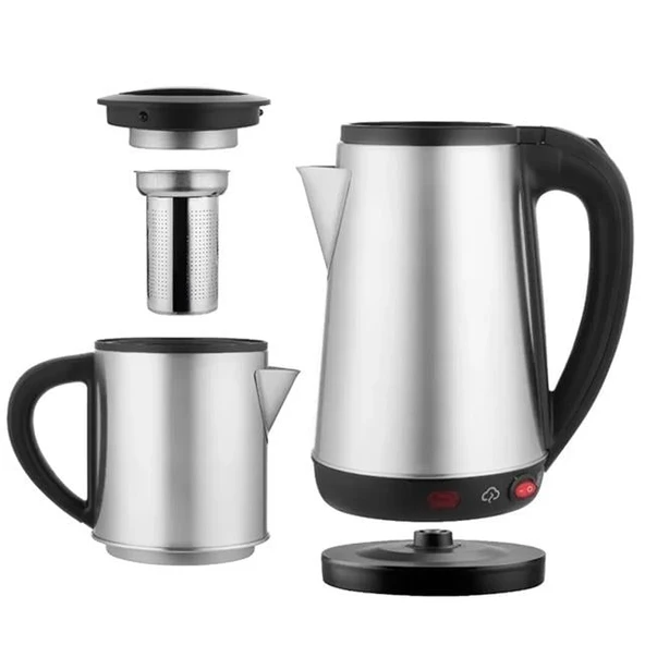 Crown CRW-2201 1800W 1.8 - 0.8 Litre Çelik Hazneli Çaycı Mutfak Kettle Demlikli Ve Süzgeçli Inox ürün görseli 1