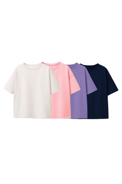 Basic 4'Lü Kız Çocuk T-Shirt ( Beyaz - Pembe - Mor - Lacivert ) ürün görseli 1