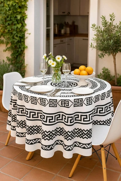 Yuvarlak Geometrik Siyah Desenli Duck Kumaş Masa Örtüsü 150x150 Cm ürün görseli 1