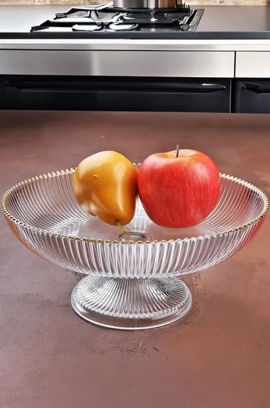 Cam Ayaklı Gold Şeritli Cam Meyvelik 24,5 Cm ürün görseli 1