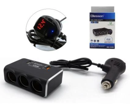 Ayt Olesson 1639 12-24V 3Lü Çift Usbli 120W 80Cm Kablolu Dijital Ekranlı Araç Oto Tır Çakmak Çoklayıcı Çakmaklık Çoğaltıcı ürün görseli 1