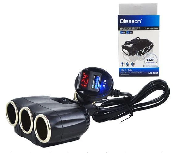 Ayt Olesson 1634 12-24V 3Lü Usbli 120W 80Cm Kablolu Dijital Ekranlı Araç Oto Tır Çakmak Çoklayıcı Çakmaklık Çoğaltıcı ürün görseli 1