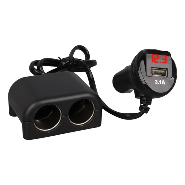 Ayt Olesson 1641 12-24V Çiftli Usbli 120W 80Cm Kablolu Dijital Ekranlı Araç Oto Tır Çakmak Çoklayıcı Çakmaklık Çoğaltıcı ürün görseli 1