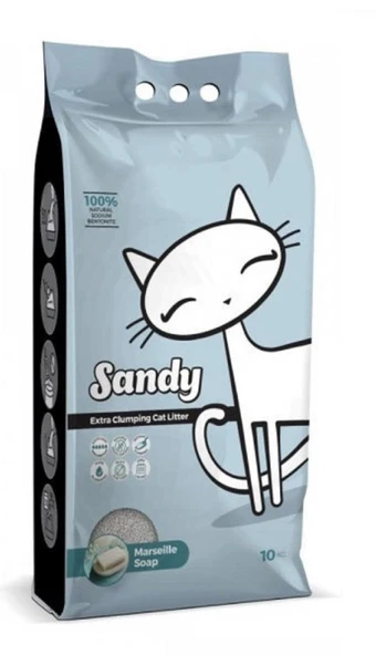 Sandy Marsilya Sabunlu Tozsuz Topaklanan Sodyum Bentonit Gri Kedi Kumu 10kg ürün görseli 1
