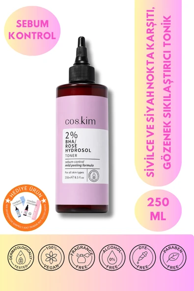 %2 BHA Gül Hidrosol Tonik 250 ml Gözenek Sıkılaştırıcı, Akne ve Siyah Nokta Karşıtı Yağ Dengeleyici ürün görseli 1