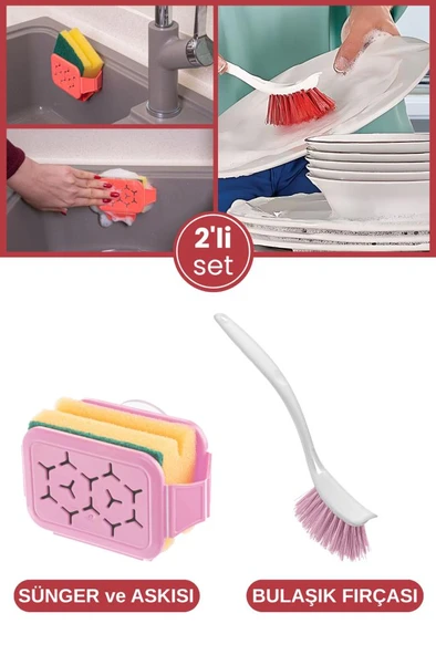 Bulaşık Yıkama 2’li Set, Vantuzlu Bulaşık Süngeri Askısı Tutacağı Sıkacağı + Bulaşık Fırçası Seti ürün görseli 1