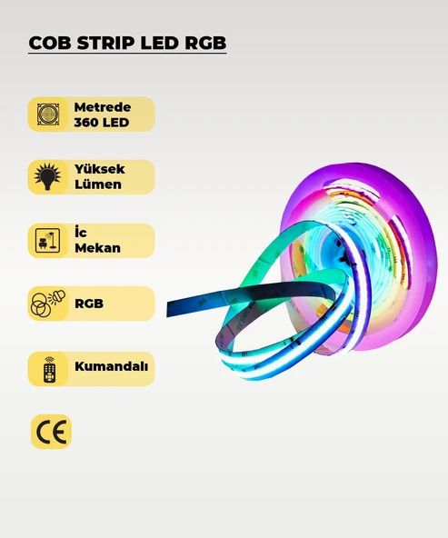 12V COB Şerit Led RGB  - Kumandalı - Metrede 360 Led - 5 Metre ürün görseli 1