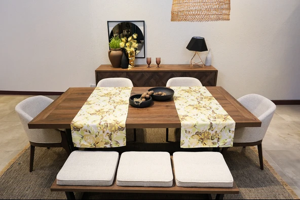Jakarlı Dokuma Dekoratif Runner 45x140 cm Yeşil Çiçekli ürün görseli 1