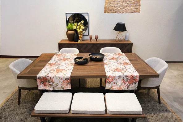Jakarlı Dokuma Dekoratif Runner 45x140 cm Kiremit Renkli Çiçekli ürün görseli 1