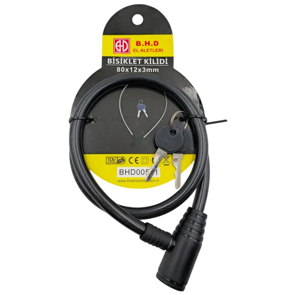 Fixonic B.H.D BHD00581 80cm 12x3mm Bisiklet Kilidi PVC Kaplı Çelik Halat Anahtarlı ürün görseli 1