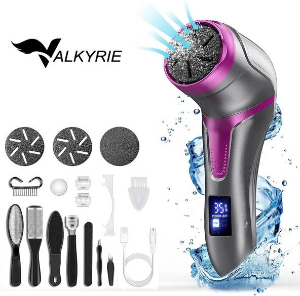 Valkyrie Profesyonel Ayak Bakım Cihazı 360° Dönen Başlık Dijital Ekranlı, Şarjlı & 10 Parça Pedikür Kiti Mor ürün görseli 1