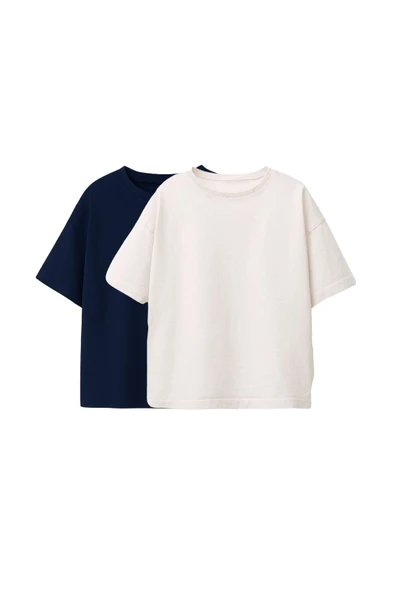 Basic 2'Li Unisex Bisiklet Yaka T-Shirt ( Lacivert - Beyaz ) ürün görseli 1
