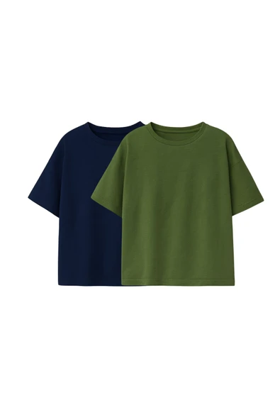 Basic 2'Li Unisex Bisiklet Yaka T-Shirt ( Lacivert - Haki ) ürün görseli 1