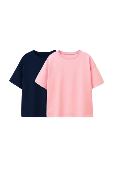 Basic 2'Li Kız Çocuk Bisiklet Yaka T-Shirt ( Lacivert - Pembe ) ürün görseli 1