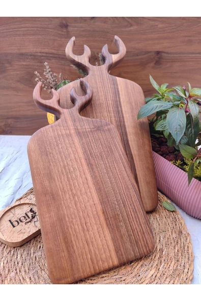 BEF CRAFT Geyik 2 Li Kesme Sunum Servis Tahtası Ceviz Ağacı Ahşap Sunum Kesme Tahtası Geyik Desenli ürün görseli 1