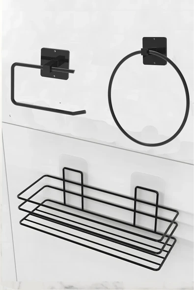 Egem Home Siyah Yapışkanlı Banyo Rafı Halka Havluluk ve Tuvalet Kağıtlık Seti ürün görseli 1