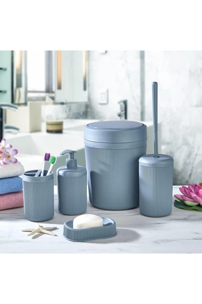 Egem Home Gri 5 Parça Banyo Seti Çöp Kovası Klozet Fırçası Sıvı Sabunluk Diş Fırçalık ve Katı Sabunluk Seti ürün görseli 1