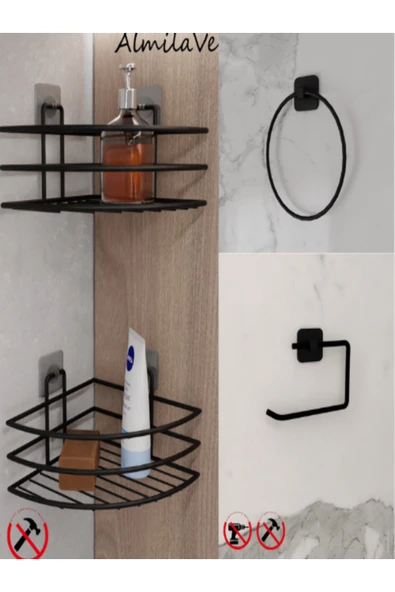 Egem Home Siyah Yapışkanlı 2 Adet Banyo Köşeliği Halka Havluluk ve Tuvalet Kağıtlık Seti 3'lü Set ürün görseli 1